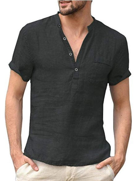 Camisa de playa casual con cuello en V y botones de lino para hombre