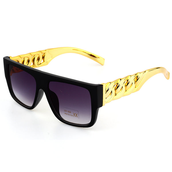 Gafas de sol Tyrant con cadena de oro grande, patas torcidas chapadas en oro, gafas punk