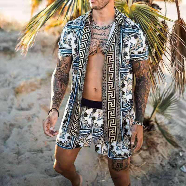 Conjuntos hawaianos de verano para hombre, camisa de solapa transpirable estampada