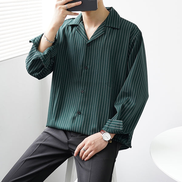 Men's Long-sleeved Striped Cuban Collar Loose Shirt