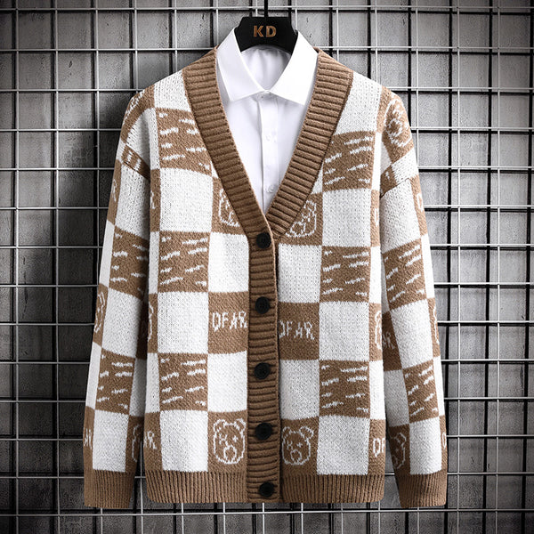 Knitted Cardigan Plaid Sweater Men's