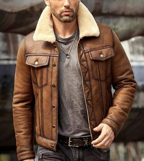 Spot Brown Thicken Unhooded Men's Leather Jacket