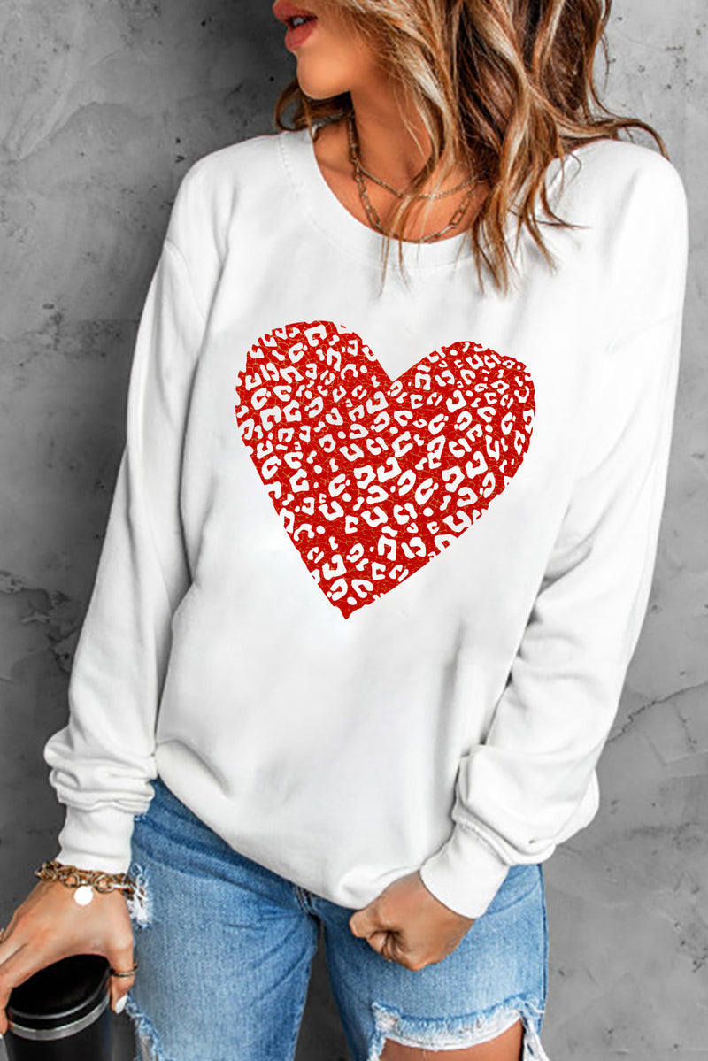 Sudadera con hombros caídos y estampado de corazón de leopardo