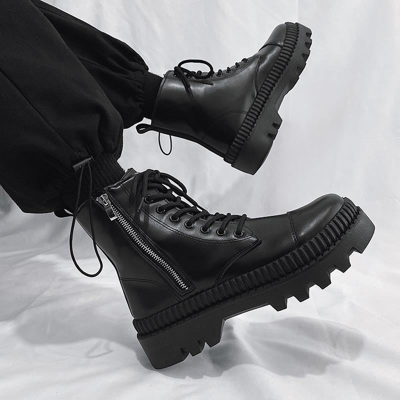 Fashionable Men's High-top Side Zipper Leather Boots