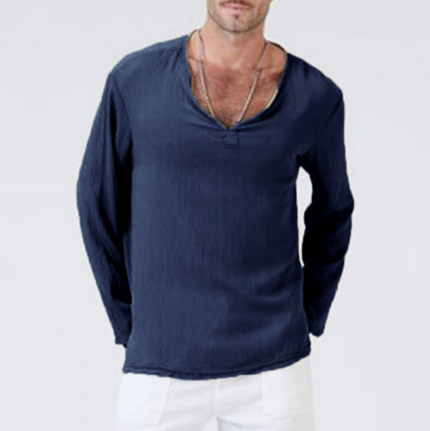 Camiseta de manga larga con cuello en V holgada de estilo étnico de lino para hombre