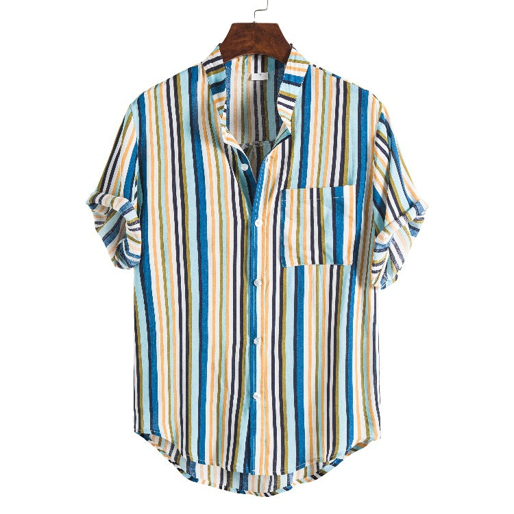 Striped Short Sleeve Casual Stand Collar Shirt