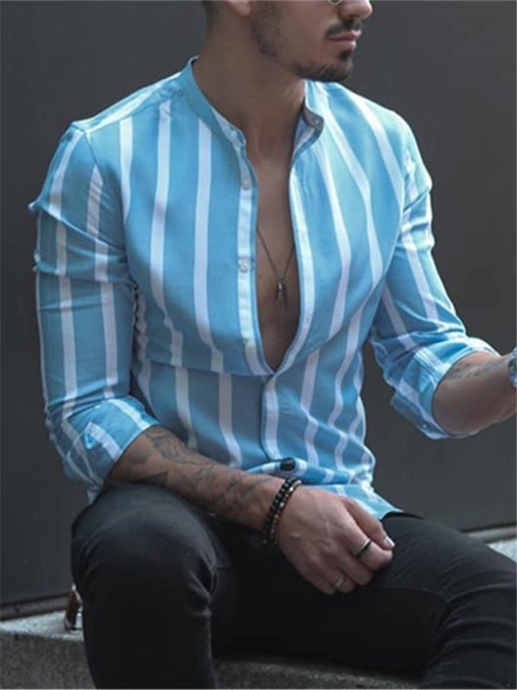 Men's Stand Collar Striped Shirt