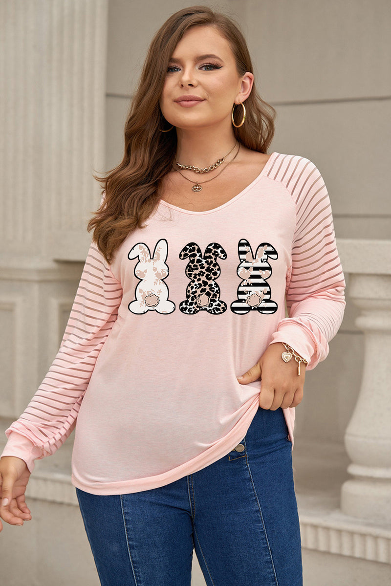 Camiseta de Pascua de manga raglán larga con estampado de conejo de talla grande