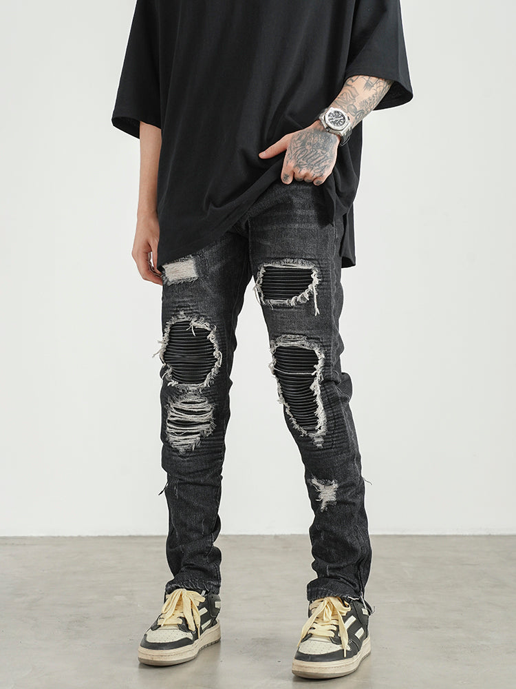 Men Ripped Patch PU And Leather Zipper Jeans