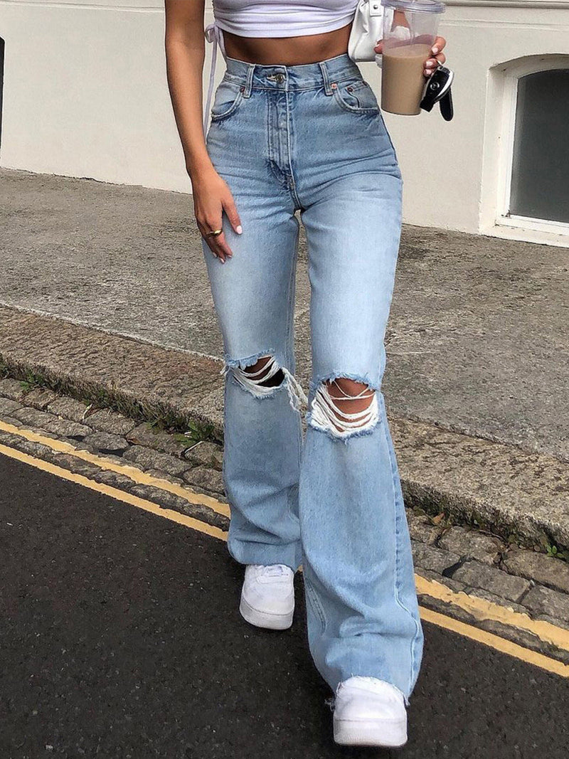 High Waist Ripped Bootcut Denim Slim Straight Jeans