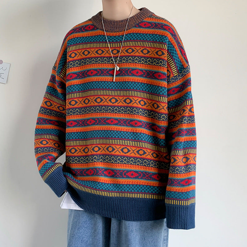 Colorblock Striped  Knit Sweater Retro Round Neck Loose Sweater