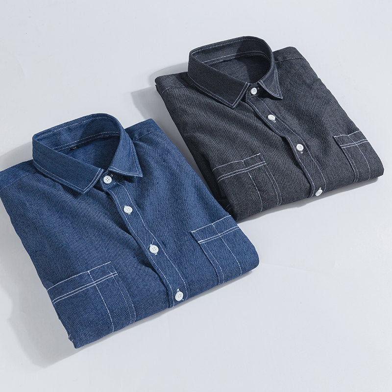 Men's Korean Casual Solid Color Slim Long-sleeved Denim Shirt