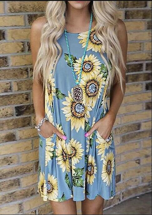 sexy lady Sleeveless Sunflower Print Vest Dress