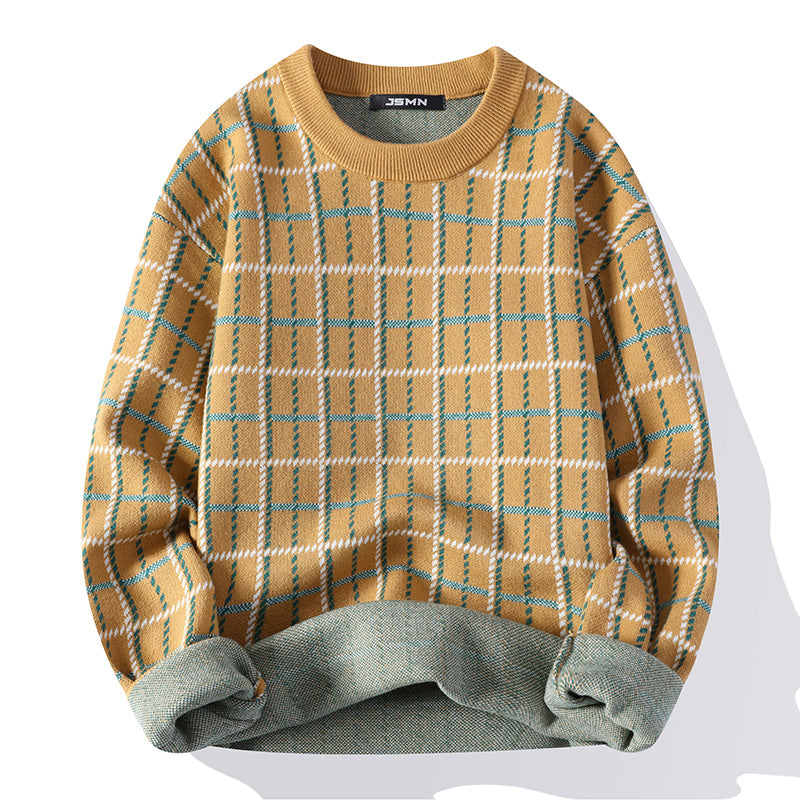 Winter Wool Sweater Men's Casual High Grade Plaid Knit Pullovers