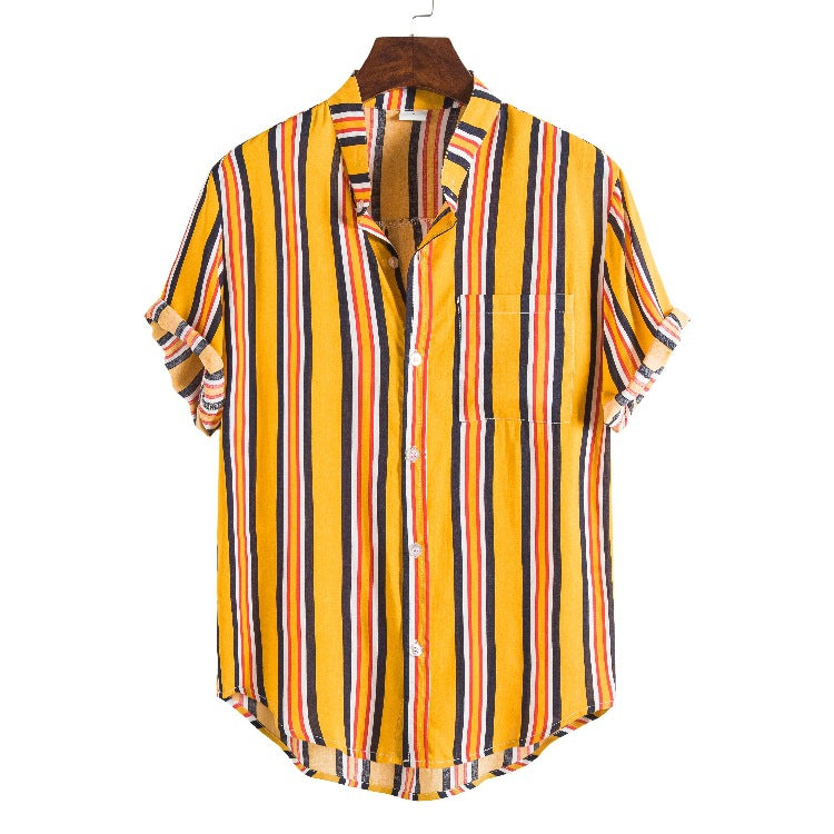 Striped Short Sleeve Casual Stand Collar Shirt