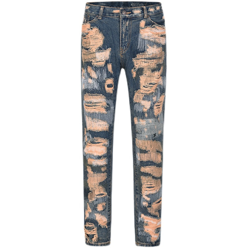High Street Retro Washed Straight Hole Blasted Street Jeans Men