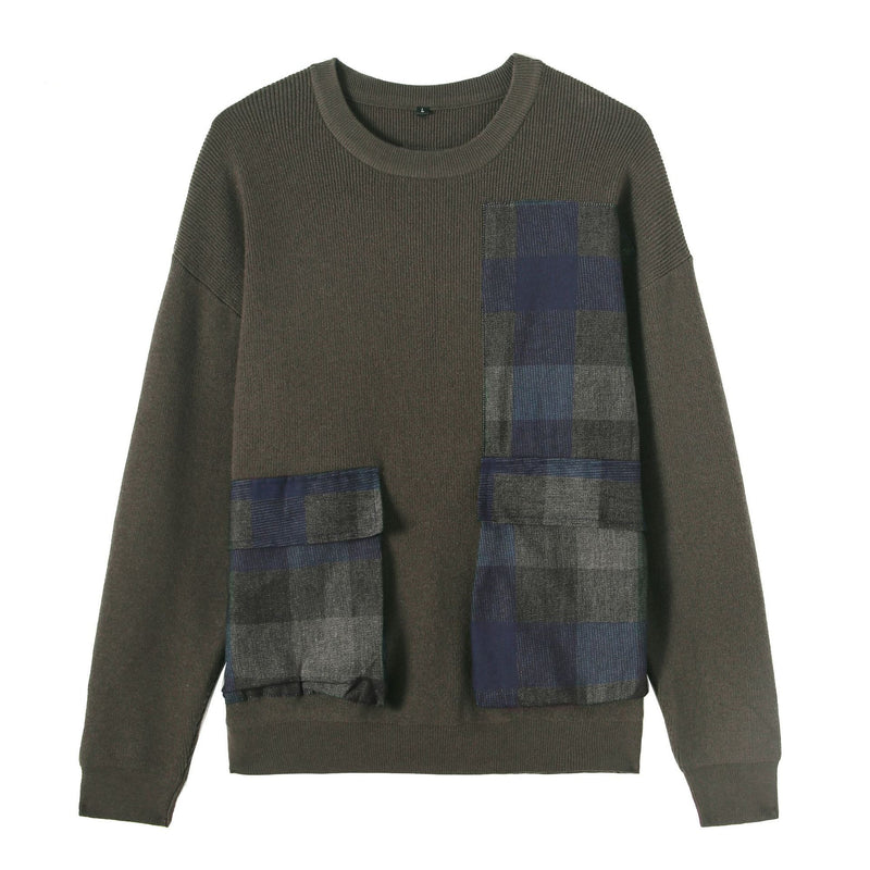 Youth Symmetrical Plaid Big Pocket Decorated Sweater Men