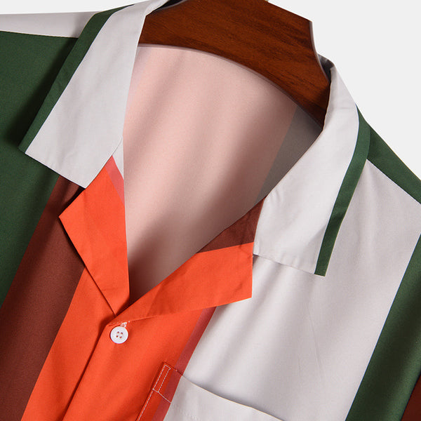 Camisa a rayas con bloques de color para hombres europeos y americanos