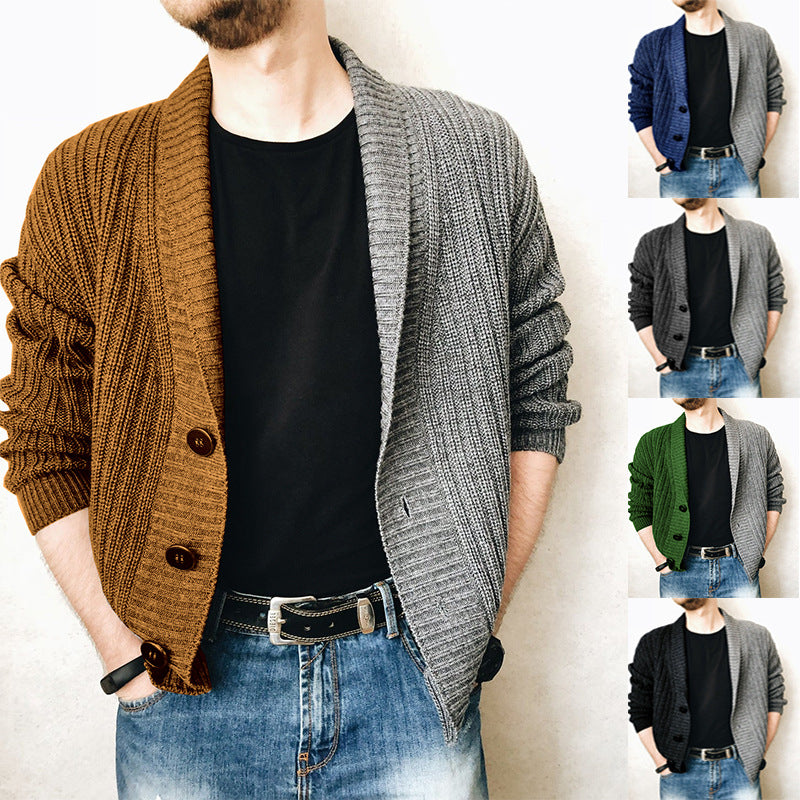 Men's Single-breasted Two-color Stitching Knitted Cardigan Sweater