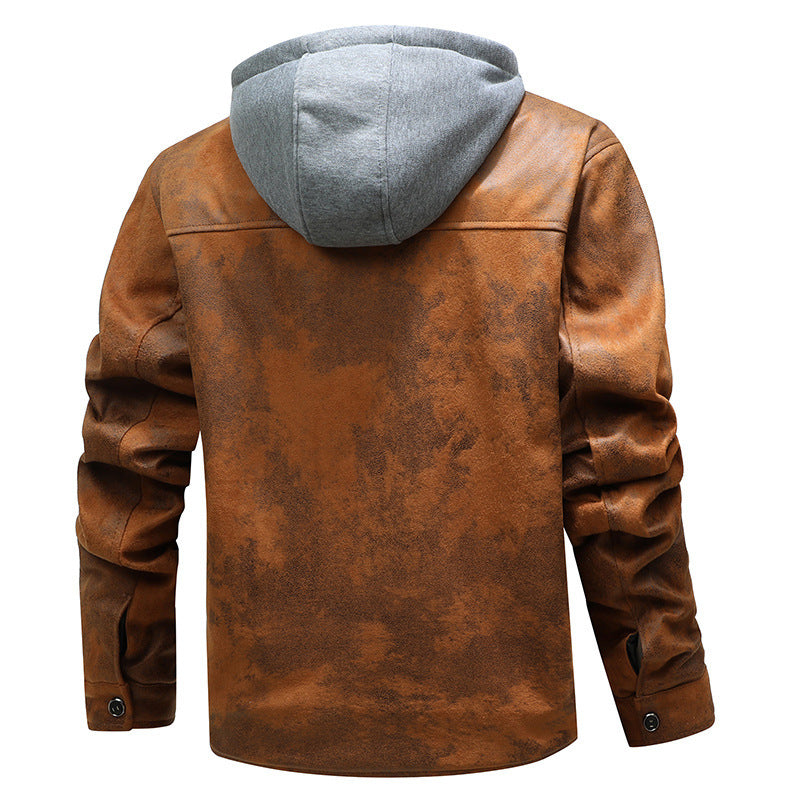 Chaqueta casual de cuero para hombre con capucha y cachemir