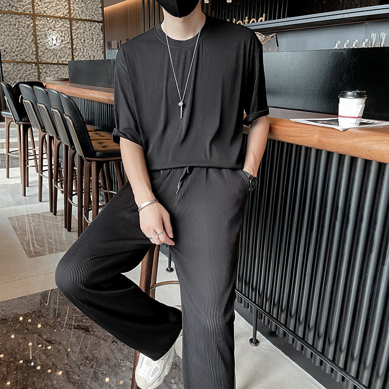 Loose Pleated Casual Ice Silk Thin Elastic Breathable Suit men