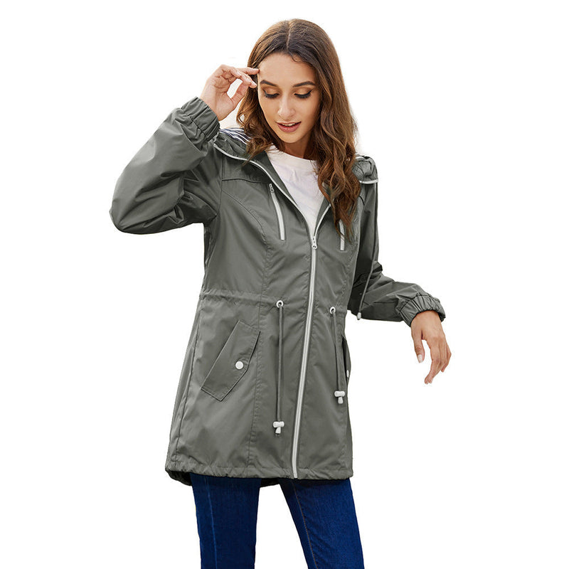 Chaqueta impermeable larga con capucha para mujer