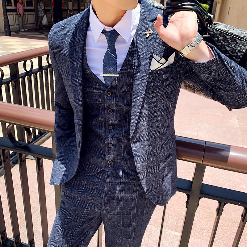Plaid Korean Style Slim Men's Three-piece Suit