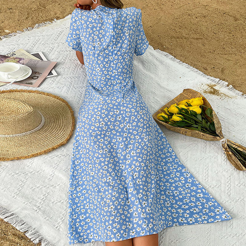 sexy Women's Blue Slim Holiday Style Print Dress