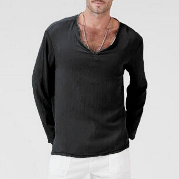 Camiseta de manga larga con cuello en V holgada de estilo étnico de lino para hombre