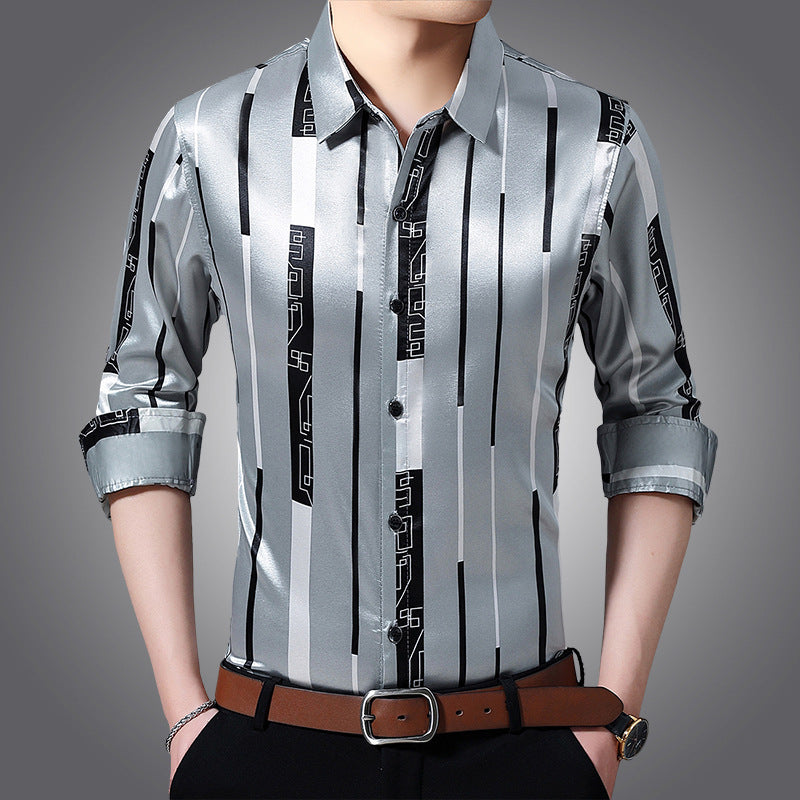 Spring And Autumn Striped  Silk Ironing Shirt Men's Long Sleeves