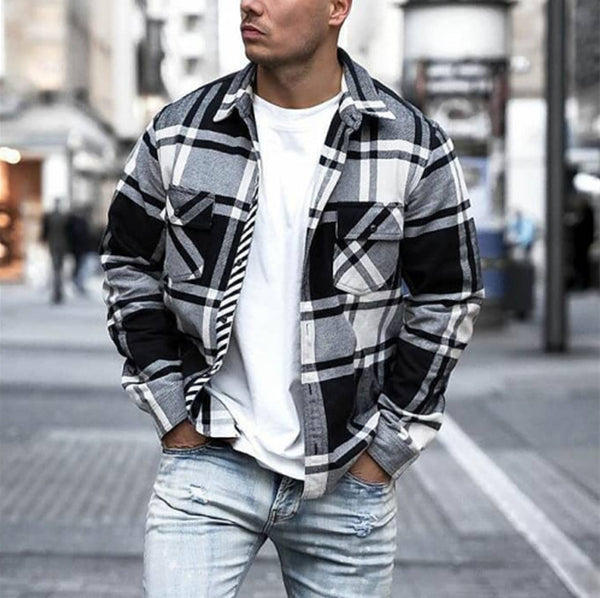 Chaqueta estilo camisa a cuadros de hombre casual con solapa que combina con todo