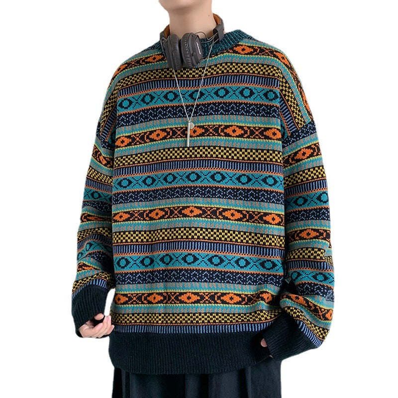 Colorblock Striped  Knit Sweater Retro Round Neck Loose Sweater