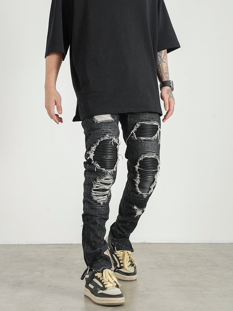 Men Ripped Patch PU And Leather Zipper Jeans