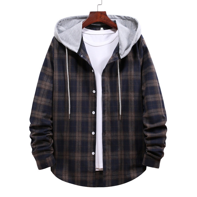 Chaqueta con capucha a cuadros de cárdigan informal juvenil de otoño para hombre