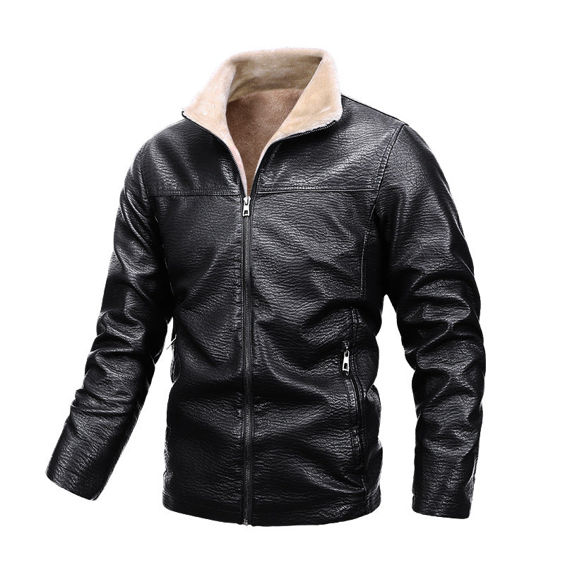 Men Stand Up Collar Plus Velvet Leather Casual jacket