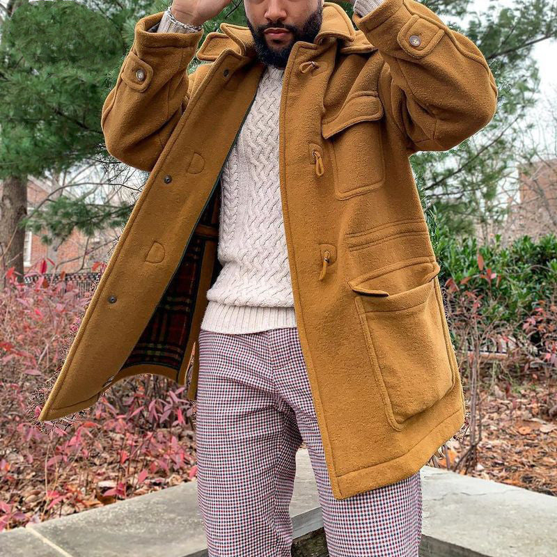 Mid Length Fashion Solid Color Men's Horn Button Coat Woolen Coat