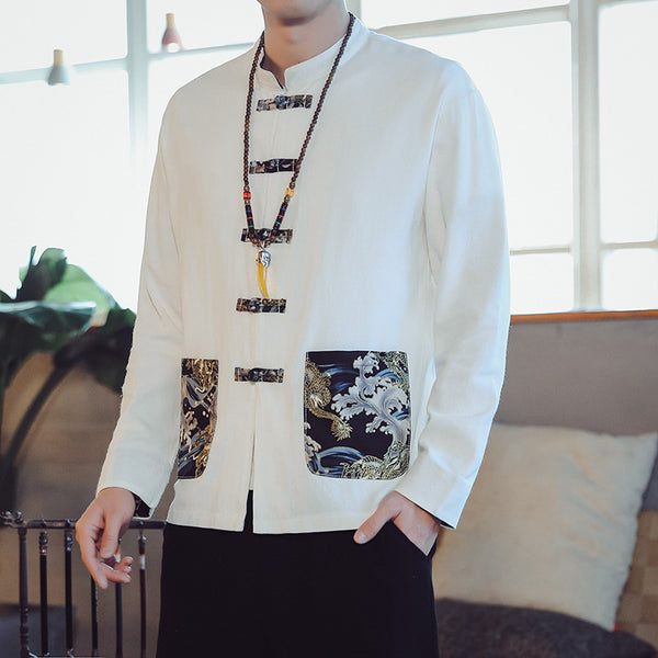 Camisa de hombre con bordado de algodón y lino 
