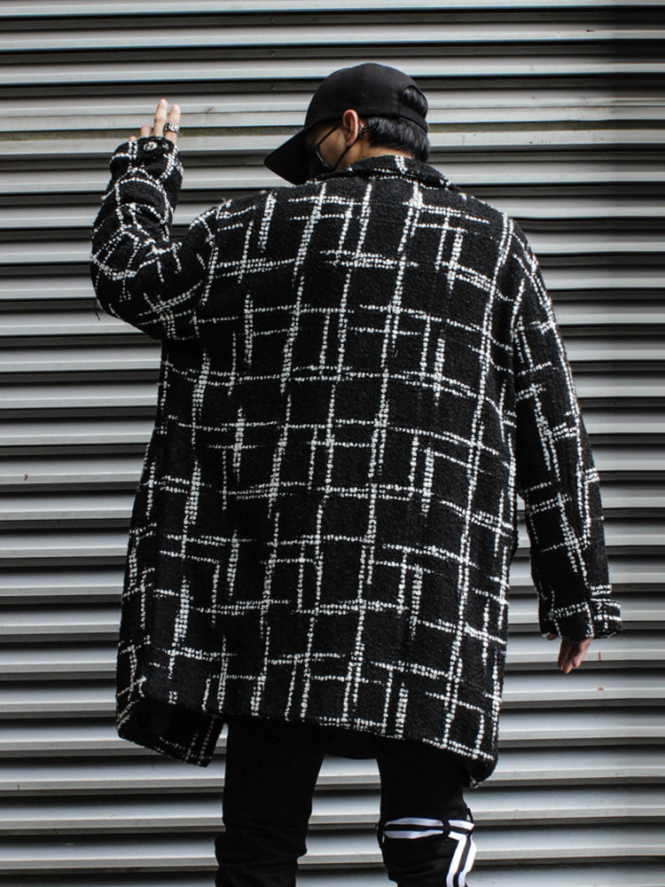 Black Plaid Mid-length Woolen Woven Coat