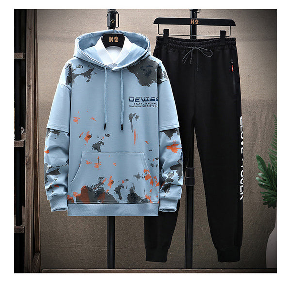 Printed Kangaroo Pocket Sports Hooded Sweater jumpSuit Men