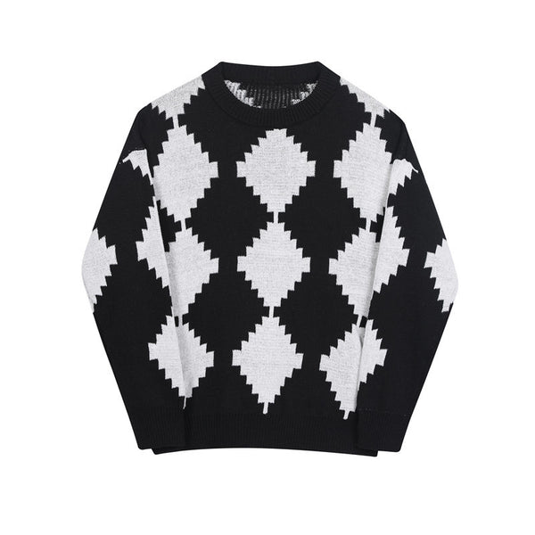 Ins Black And White Contrast Rhomboid Round Neck Knit sweater