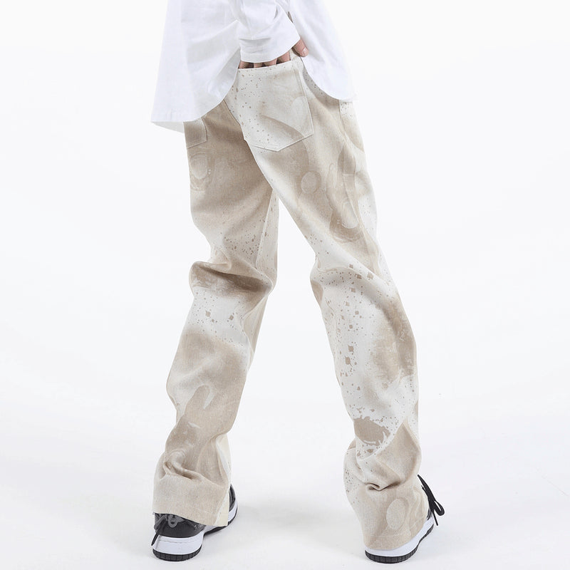 Trendy Loose PU Leather Stitching Zipper Slit Jeans