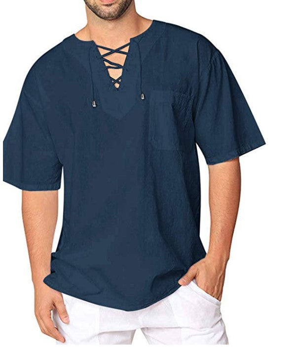 Camisa de manga corta para hombre de lino y algodón con lazo y ojales