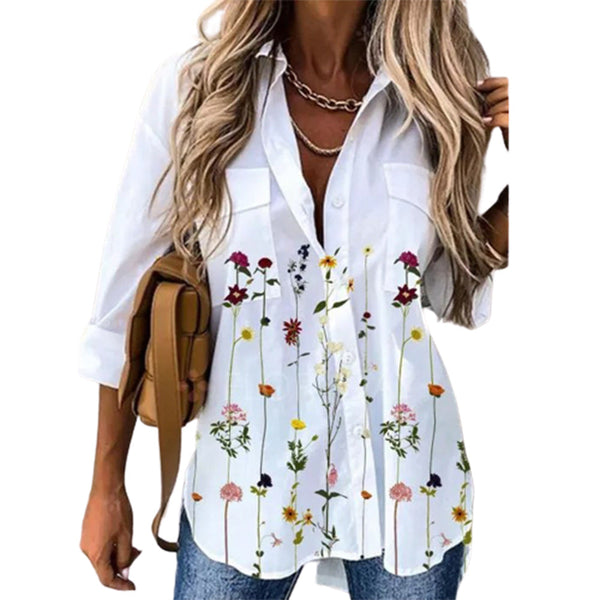 Camisa de manga larga con estampado floral suelta informal sexy para mujer
