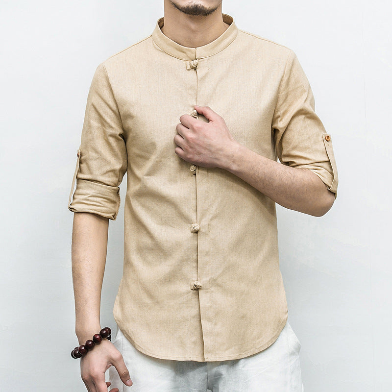 Cotton And Linen Long-Sleeved Buttoned Shirt