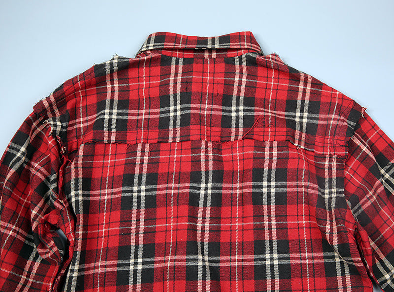 Scottish Red Plaid Long Tattered Rock Bottoming Cotton Shirt