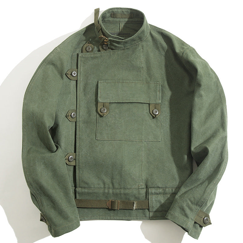 Chaqueta de moto de algodón lavada con agua verde militar para hombre