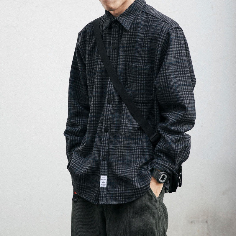 Men's Retro Tooling Plaid Long Sleeve Woolen Shirt