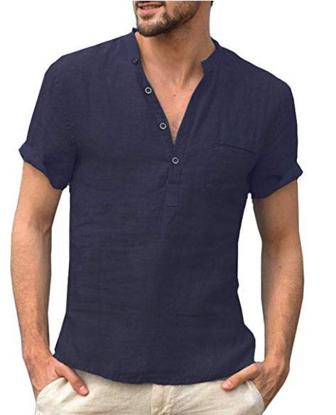 Camisa de playa casual con cuello en V y botones de lino para hombre