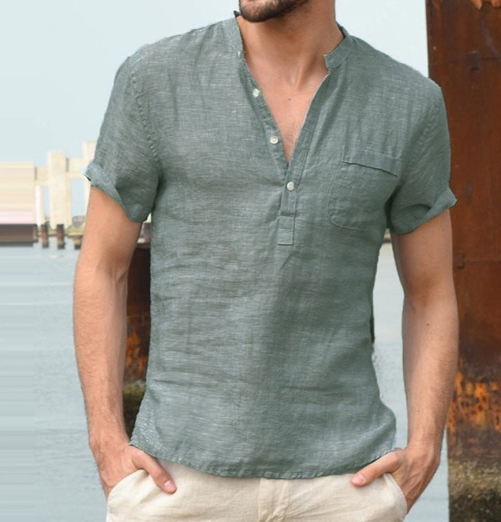 Camisa de playa casual con cuello en V y botones de lino para hombre