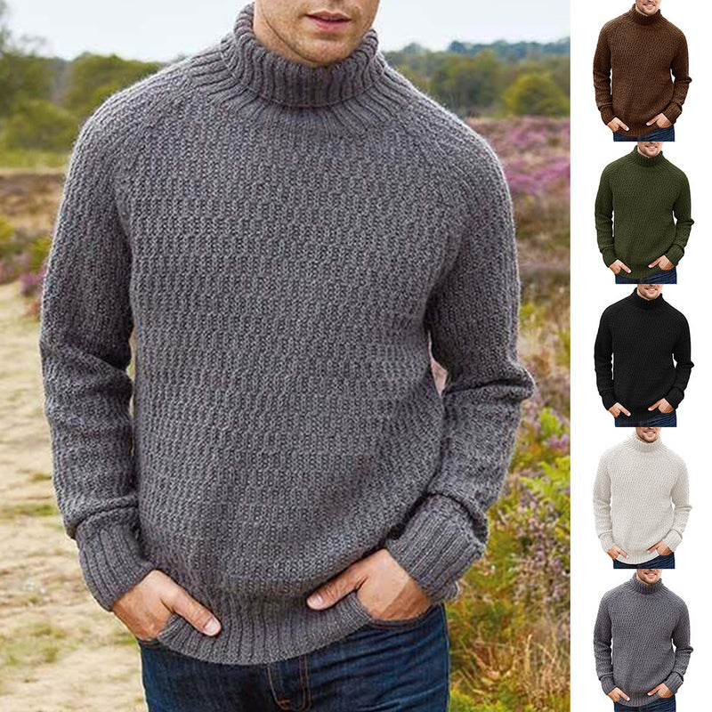 Suéter trenzado de punto de manga larga de color sólido con cuello alto para hombre